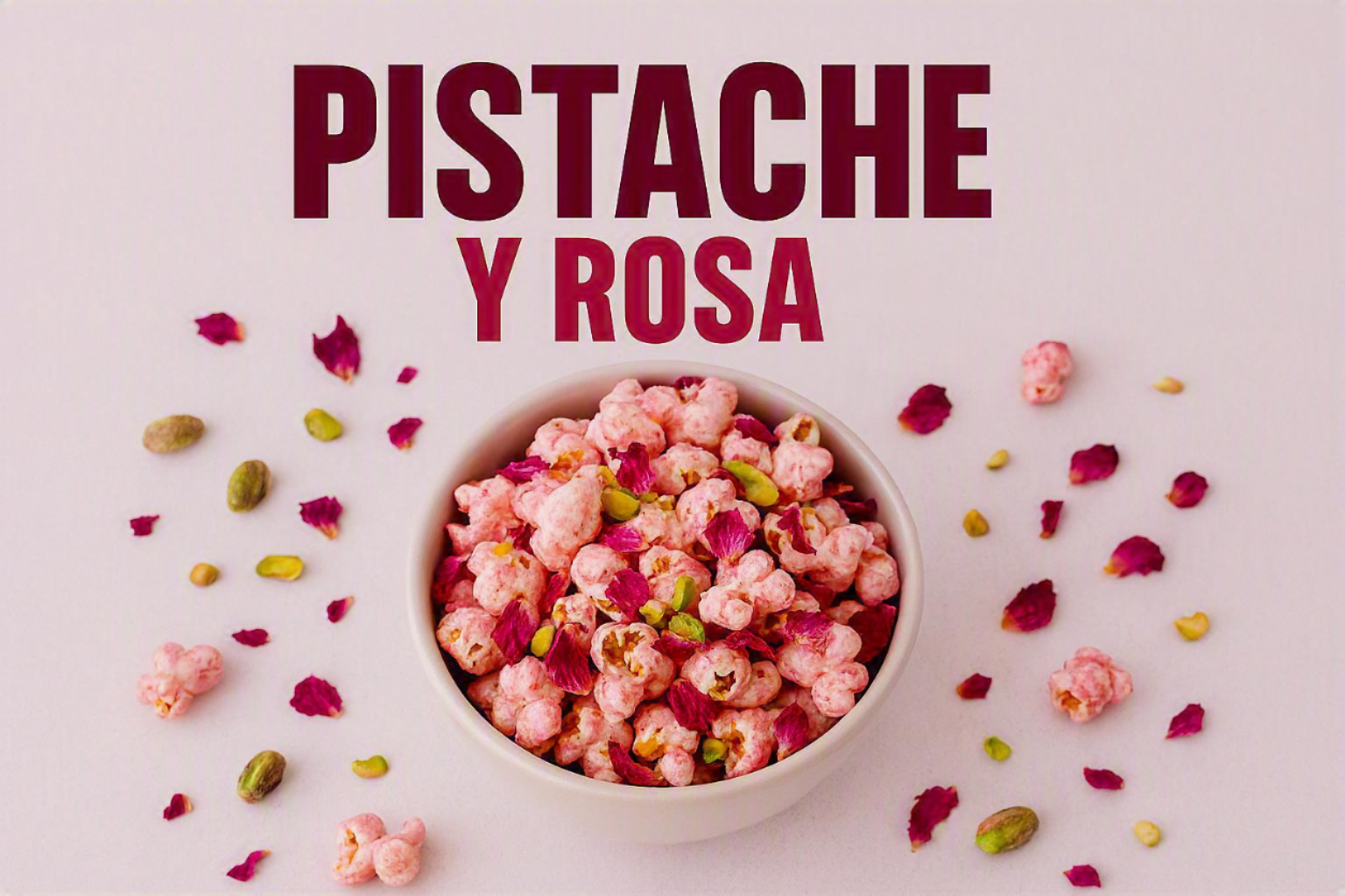 Palomitas gourmet rosadas con pétalos y pistache
