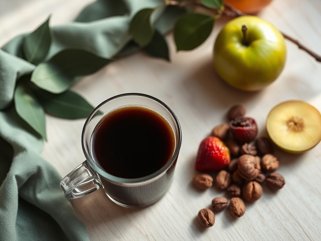 Café sin azúcar acompañado de fruta y nueces sobre una mesa clara
