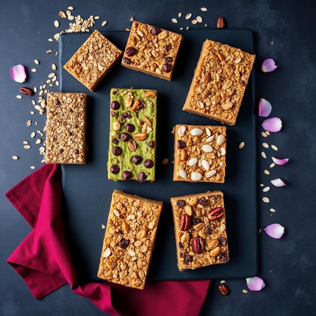 Barras de granola de varios sabores sobre pizarra oscura