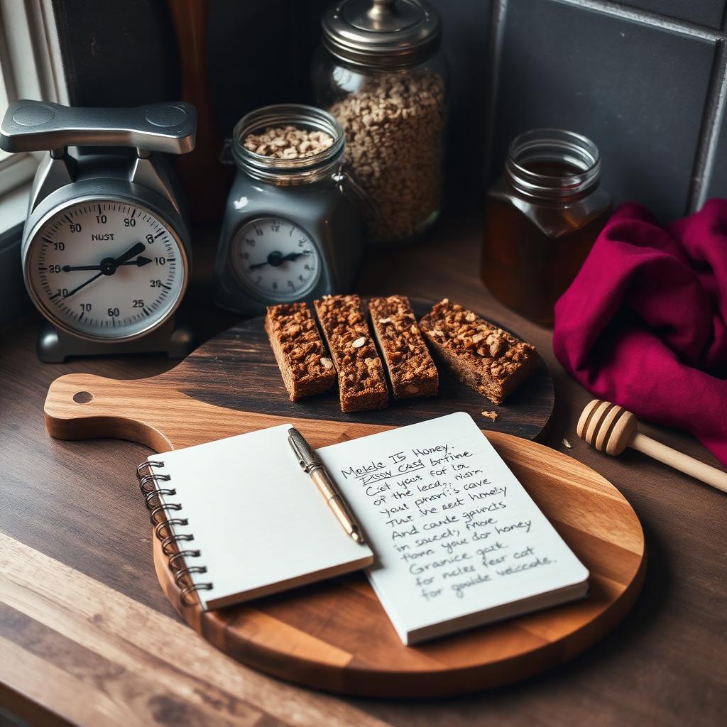 Barras de granola recién cortadas con báscula y libreta de costos