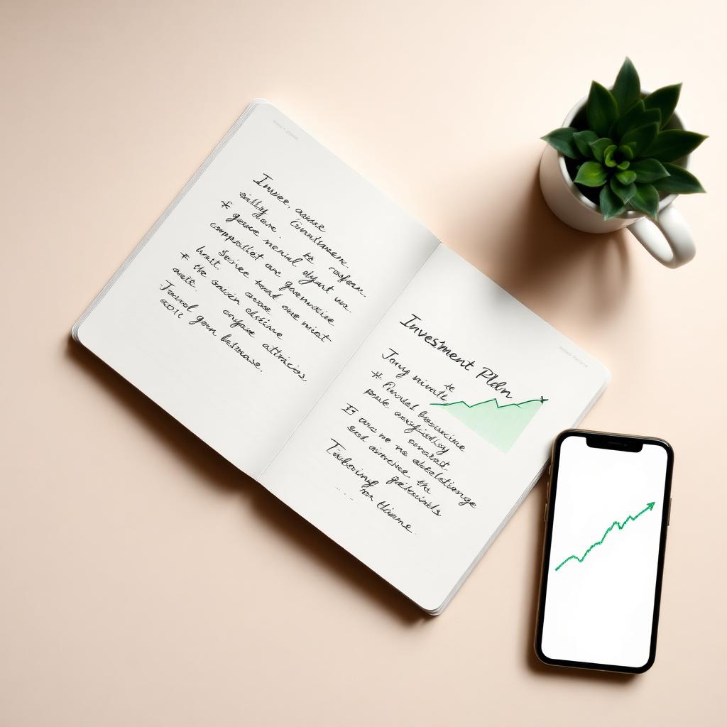 Cuaderno con plan de inversión y celular mostrando gráfica