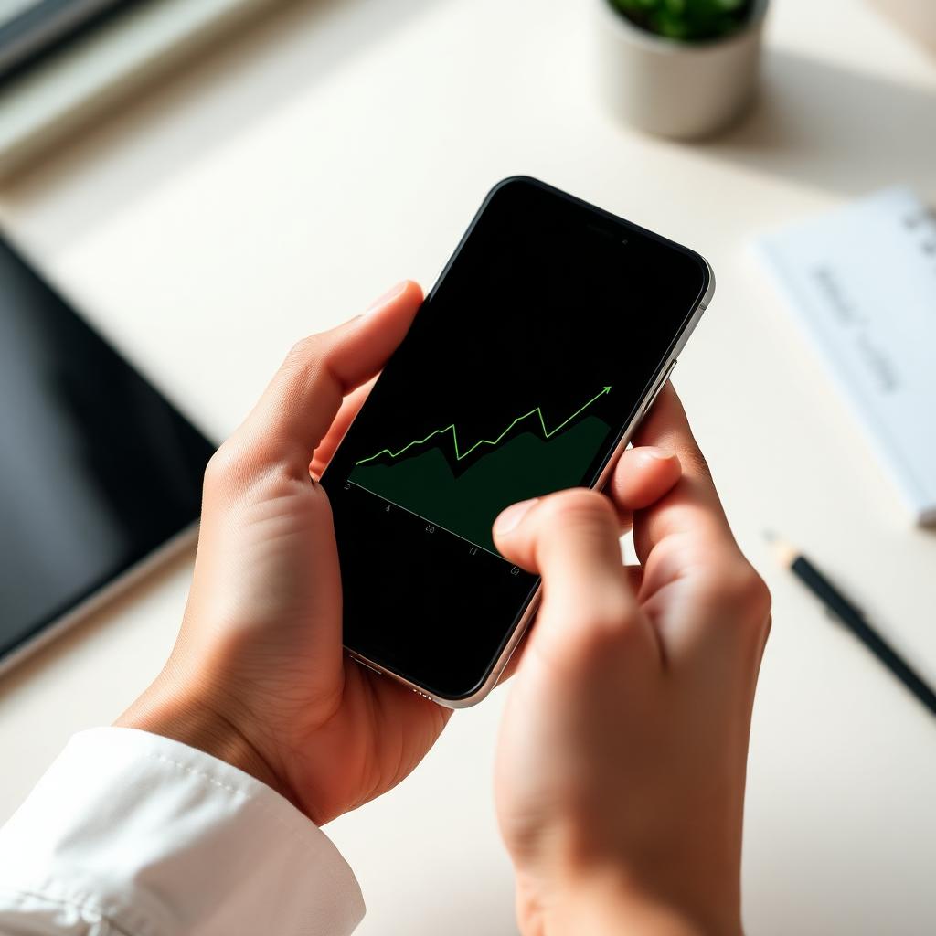 Manos sosteniendo un celular con gráfica de inversiones