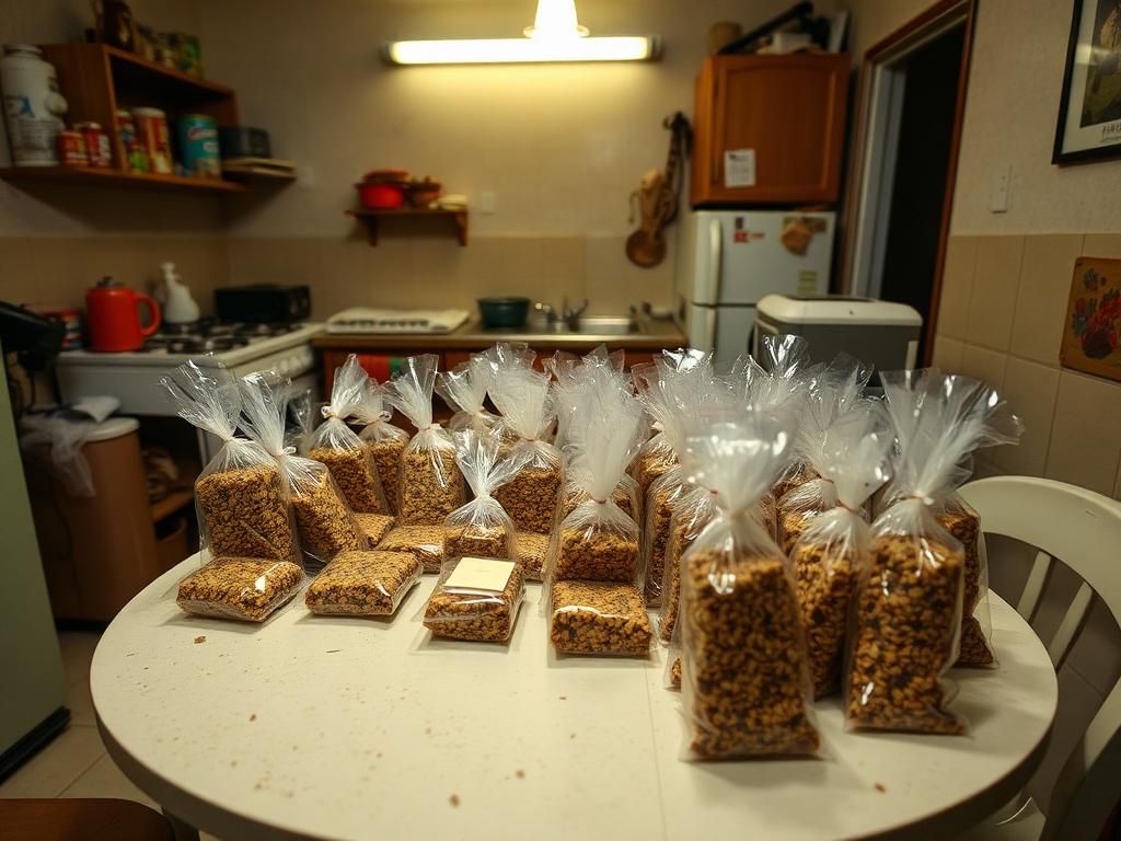 Mesa de cocina llena de barras de granola empacadas individualmente listas para vender