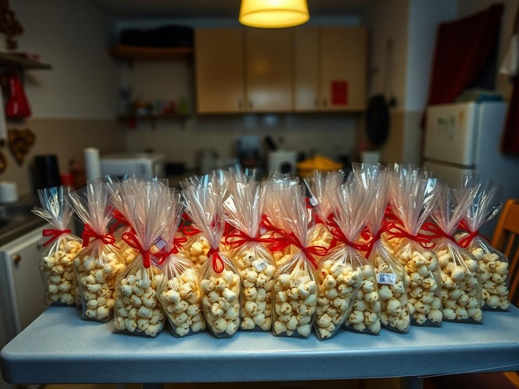 Mesa de cocina llena de bolsas de palomitas gourmet empaquetadas listas para vender