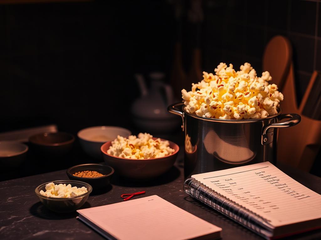 Olla con palomitas recién hechas y libreta de costos en una cocina