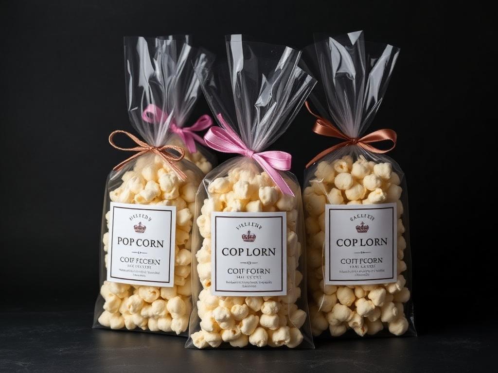 Bolsas de palomitas gourmet selladas con etiqueta y listón