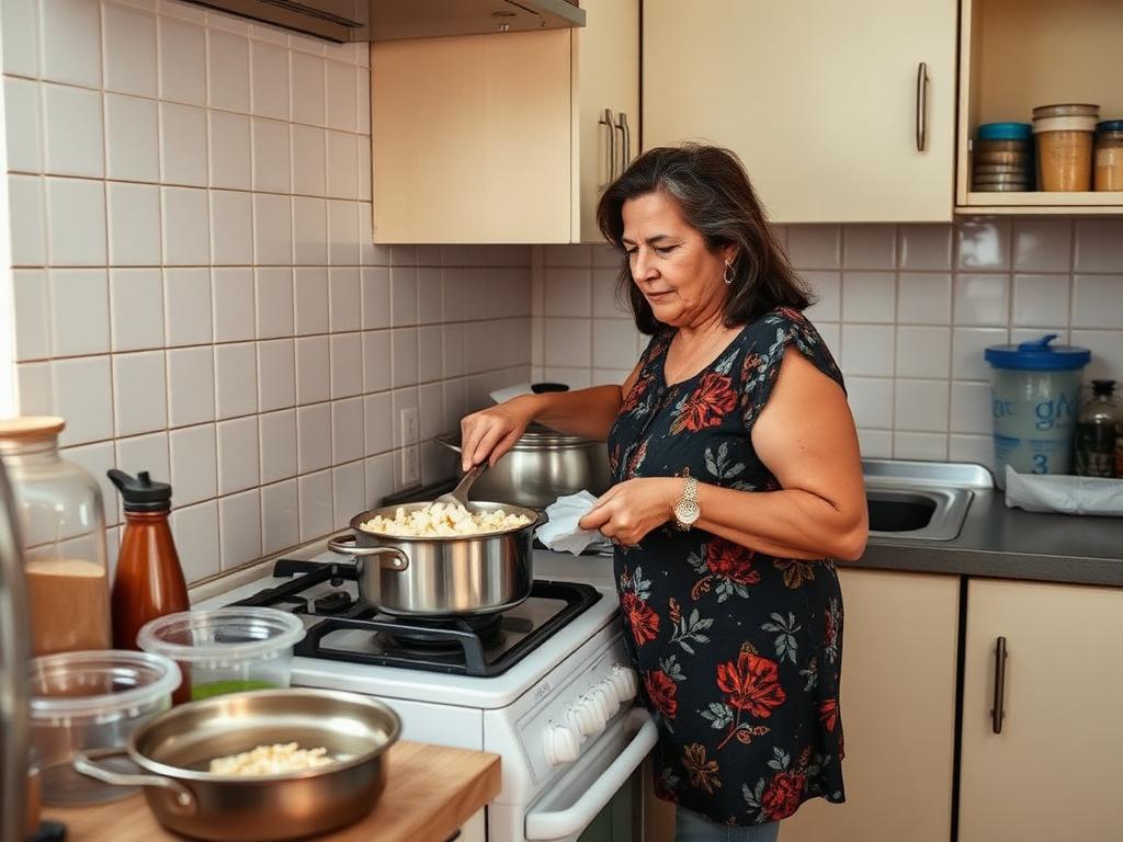 Señora mexicana preparando palomitas en la olla en una cocina casera
